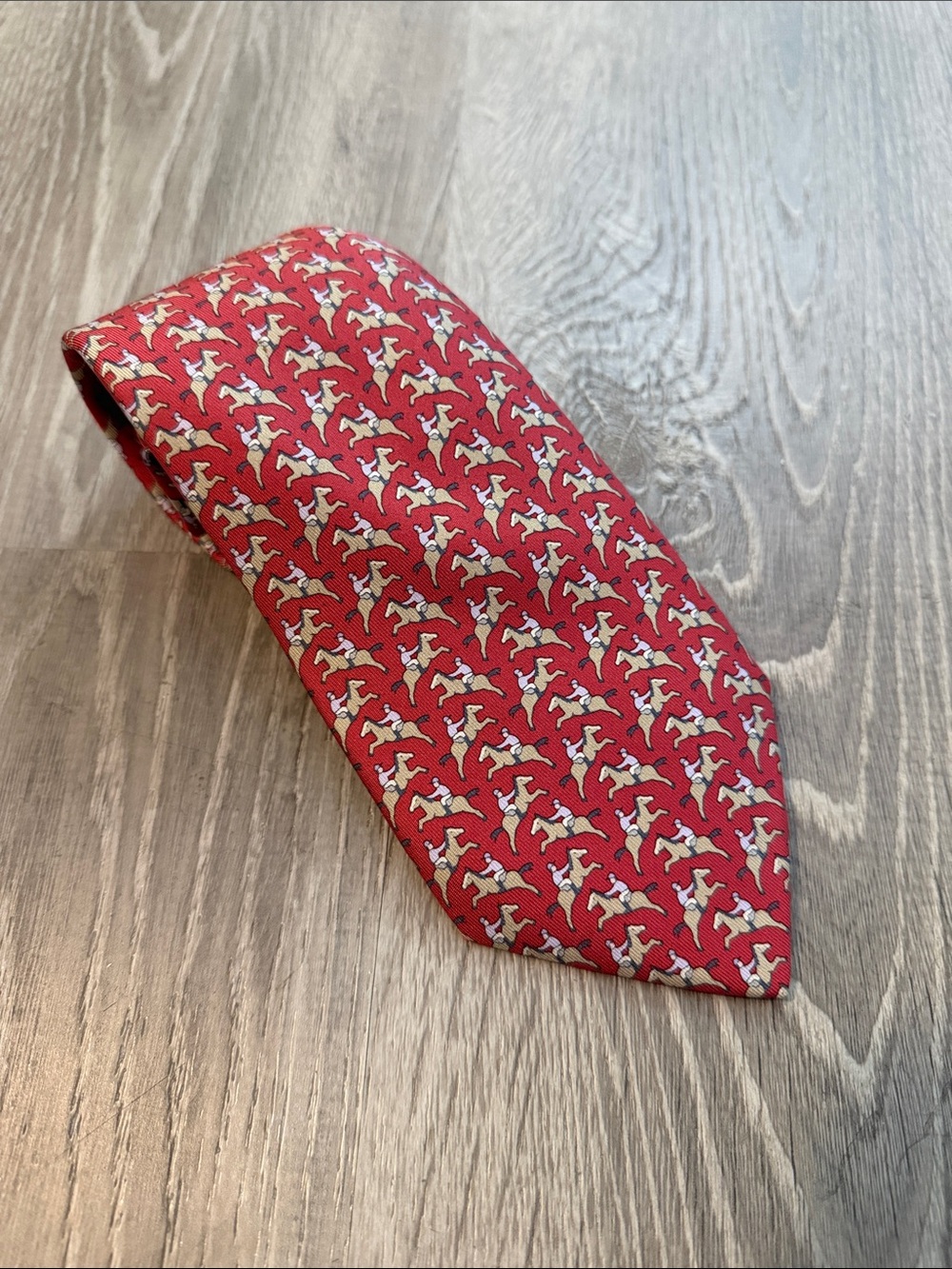 Hermes Paris Vintage Equestrian Jockey Pattern Print Men’s Silk Crimson Red Tie - Picture 2 of 9